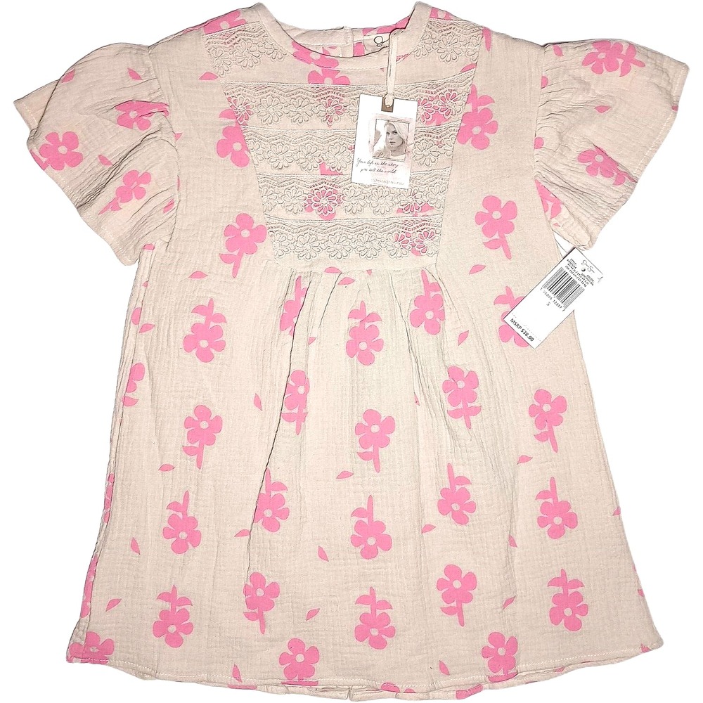 Jessica Simpson Tan Pink‎ Flower Girls Sz 5 Dress Lined Lace Detail Floral Beige
